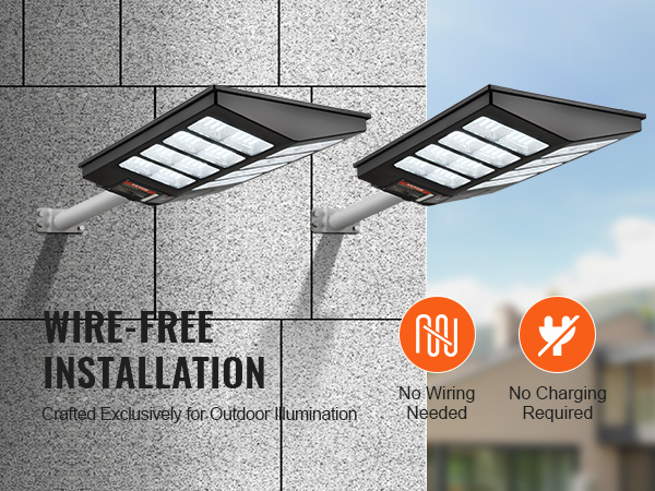VEVOR solar street light with wire-free installation mounted on a wall, no wiring or charging needed.