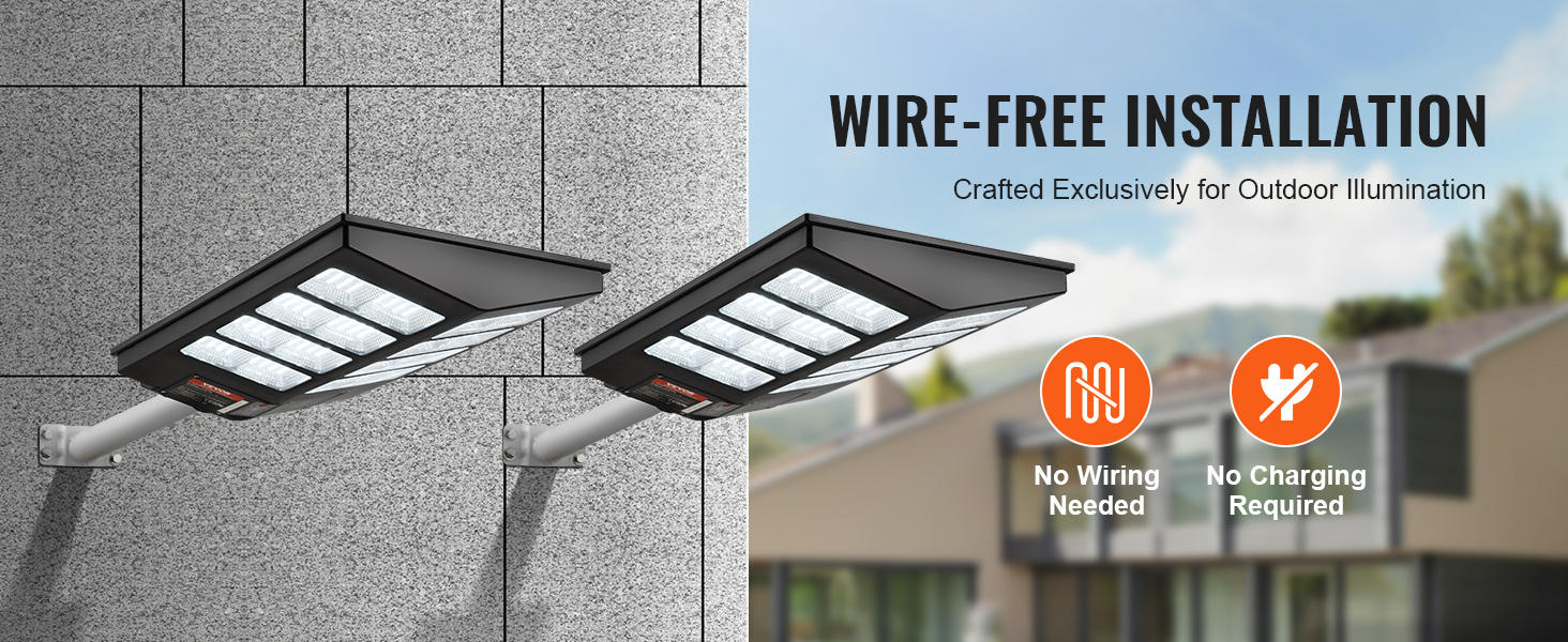 VEVOR solar street light with wire-free installation mounted on a wall, no wiring or charging needed.