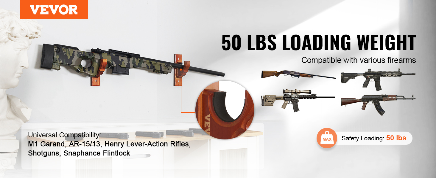 VEVOR gun rack holding a camo rifle, compatible with various firearms, supports up to 50 lbs.