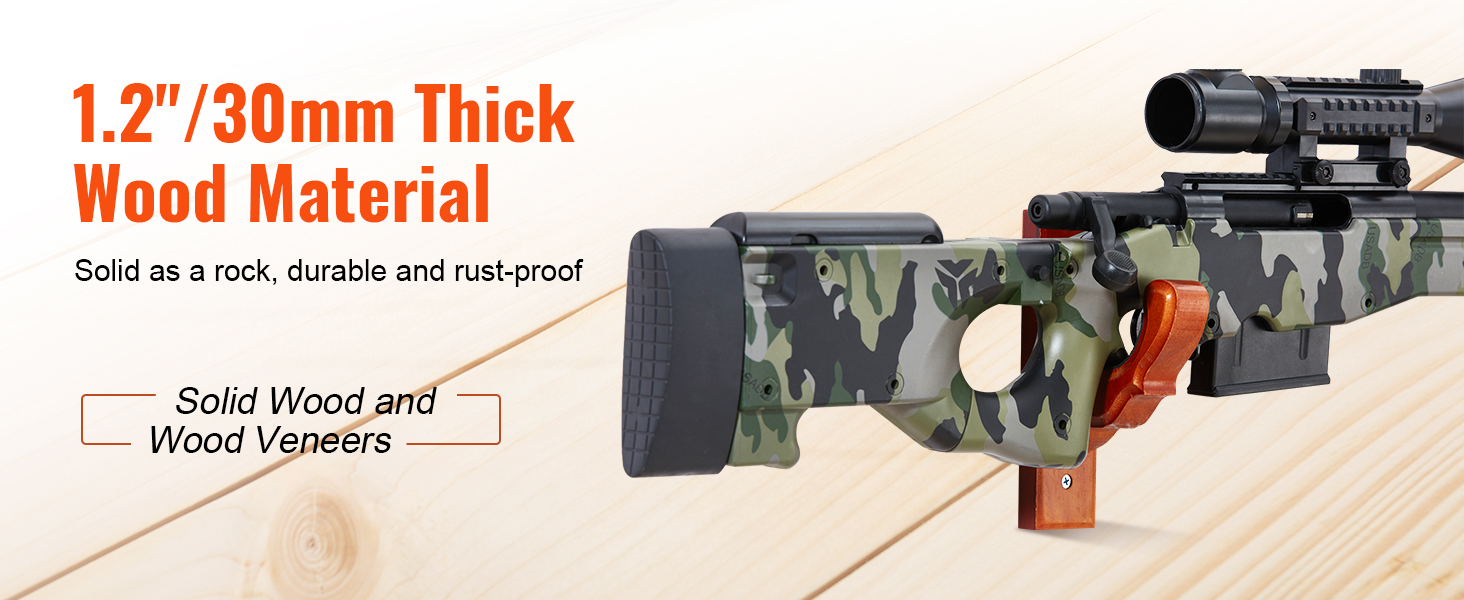 VEVOR gun rack, 1.2"/30mm thick wood material, solid wood and veneers, durable and rust-proof.