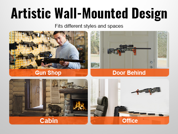 artistic wall-mounted design showcasing VEVOR gun rack for gun shop, door behind, cabin, and office.