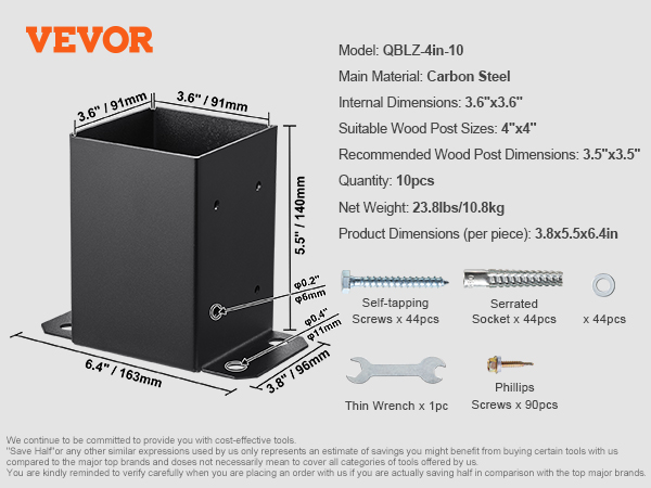 VEVOR post base brackets qblz-4in-10, carbon steel, 10 pcs, internal dimensions: 3.6"x3.6", fits 4"x4" wood posts.