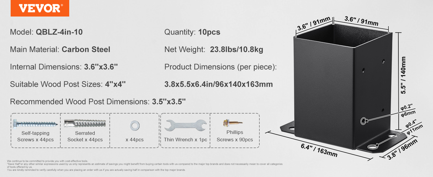 VEVOR post base brackets qblz-4in-10, carbon steel, 10 pcs, internal dimensions: 3.6"x3.6", fits 4"x4" wood posts.