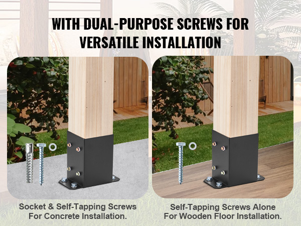 VEVOR post base brackets with dual-purpose screws for concrete and wooden floor installation.