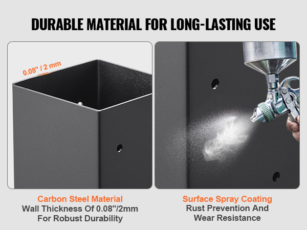 durable VEVOR post base brackets with 0.08" wall thickness, carbon steel material, and rust prevention.
