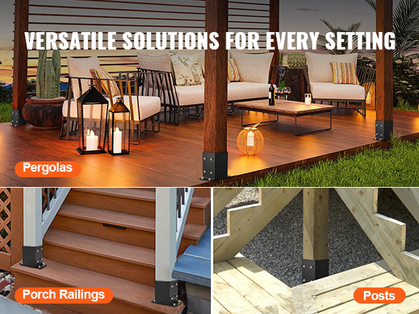 VEVOR post base brackets for pergolas, porch railings, and posts, providing versatile construction solutions.