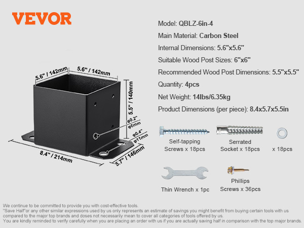 VEVOR post base brackets details with dimensions, material, and included components. model: qblz-6in-4.