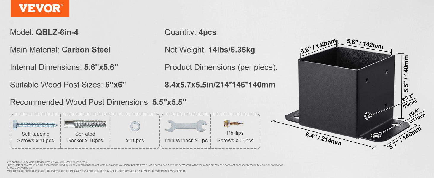 VEVOR post base brackets details with dimensions, material, and included components. model: qblz-6in-4.