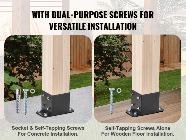 VEVOR post base brackets with dual-purpose screws for concrete or wooden floor installation.