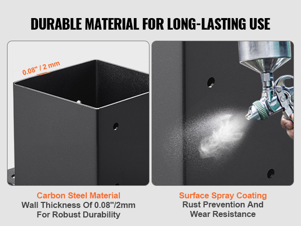 VEVOR post base brackets feature durable 2mm carbon steel material and rust-resistant surface spray coating.