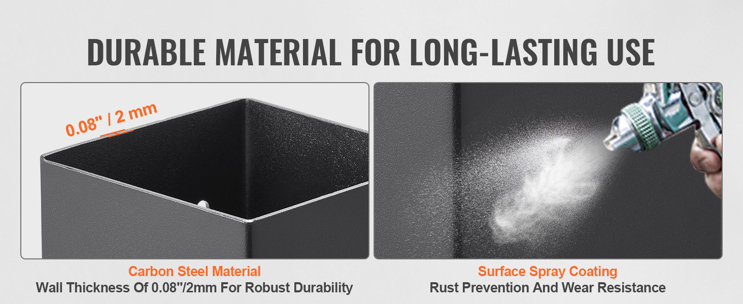 VEVOR post base brackets feature durable 2mm carbon steel material and rust-resistant surface spray coating.