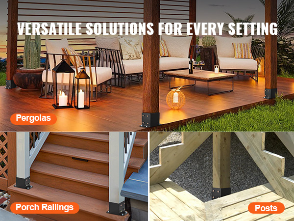 VEVOR post base brackets for pergolas, porch railings, and posts; versatile solutions for every setting.