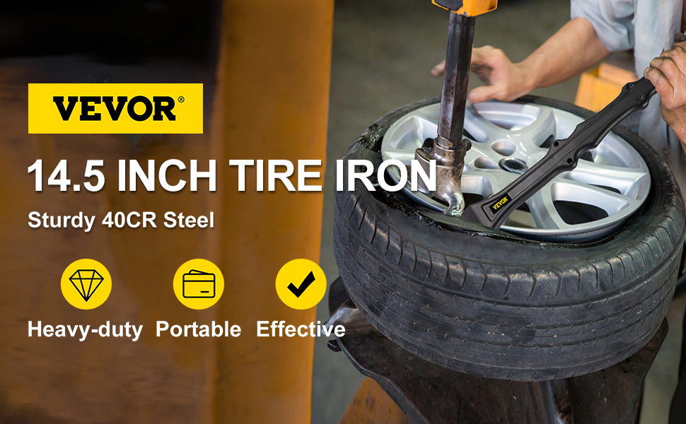 VEVOR tire iron set in use, showcasing 14.5-inch tire iron with a vehicle wheel.