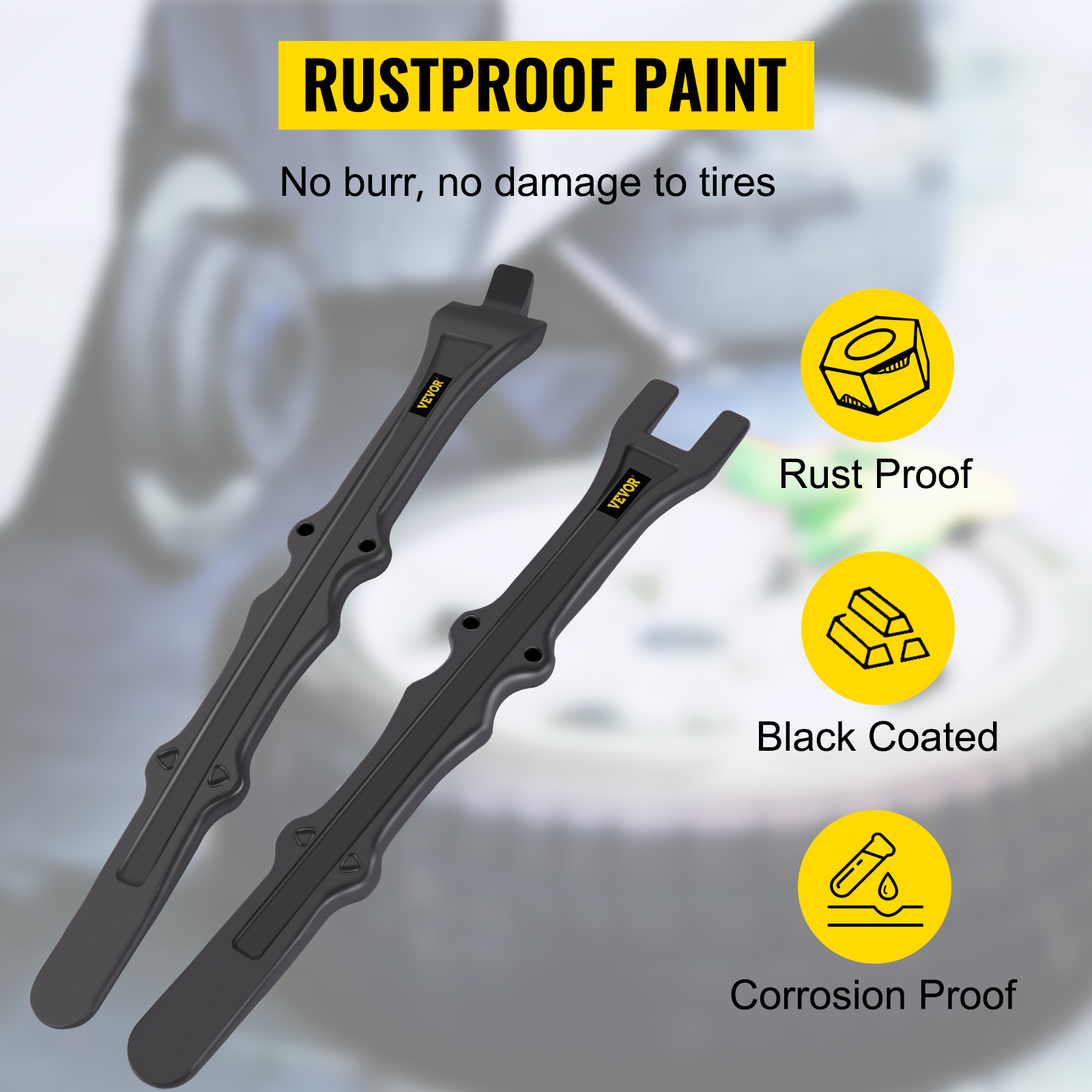 VEVOR tire iron set with rustproof paint, black coated, and corrosion proof features.