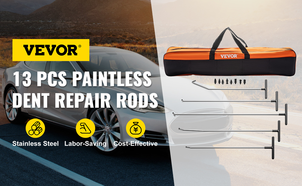 VEVOR dent removal kit: 13 pcs stainless steel dent repair rods with carrying case.