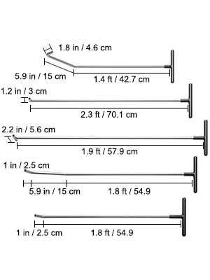 five tools from the VEVOR dent removal kit with their respective measurements.