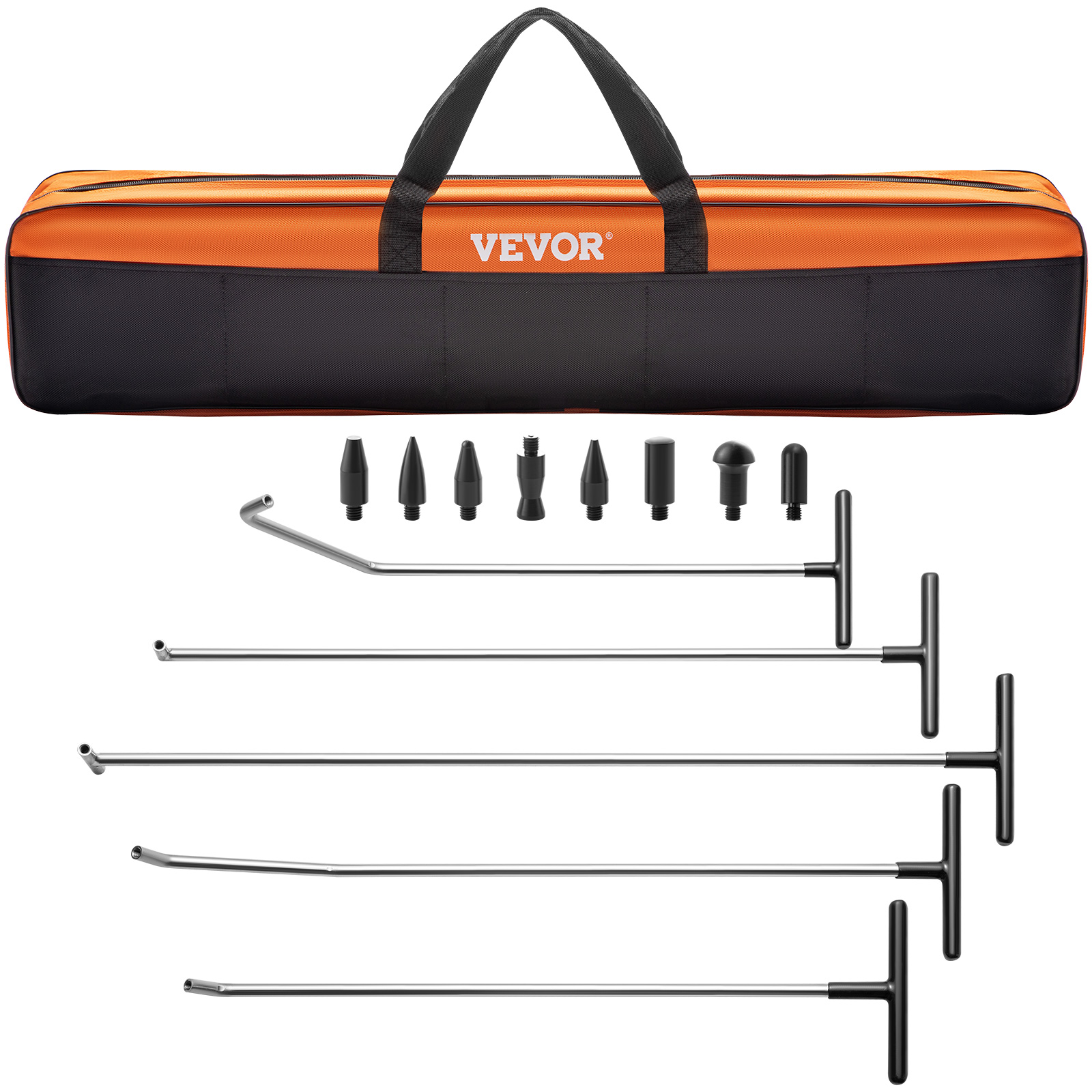 VEVOR dent removal kit with rods, tips, and orange carrying case.