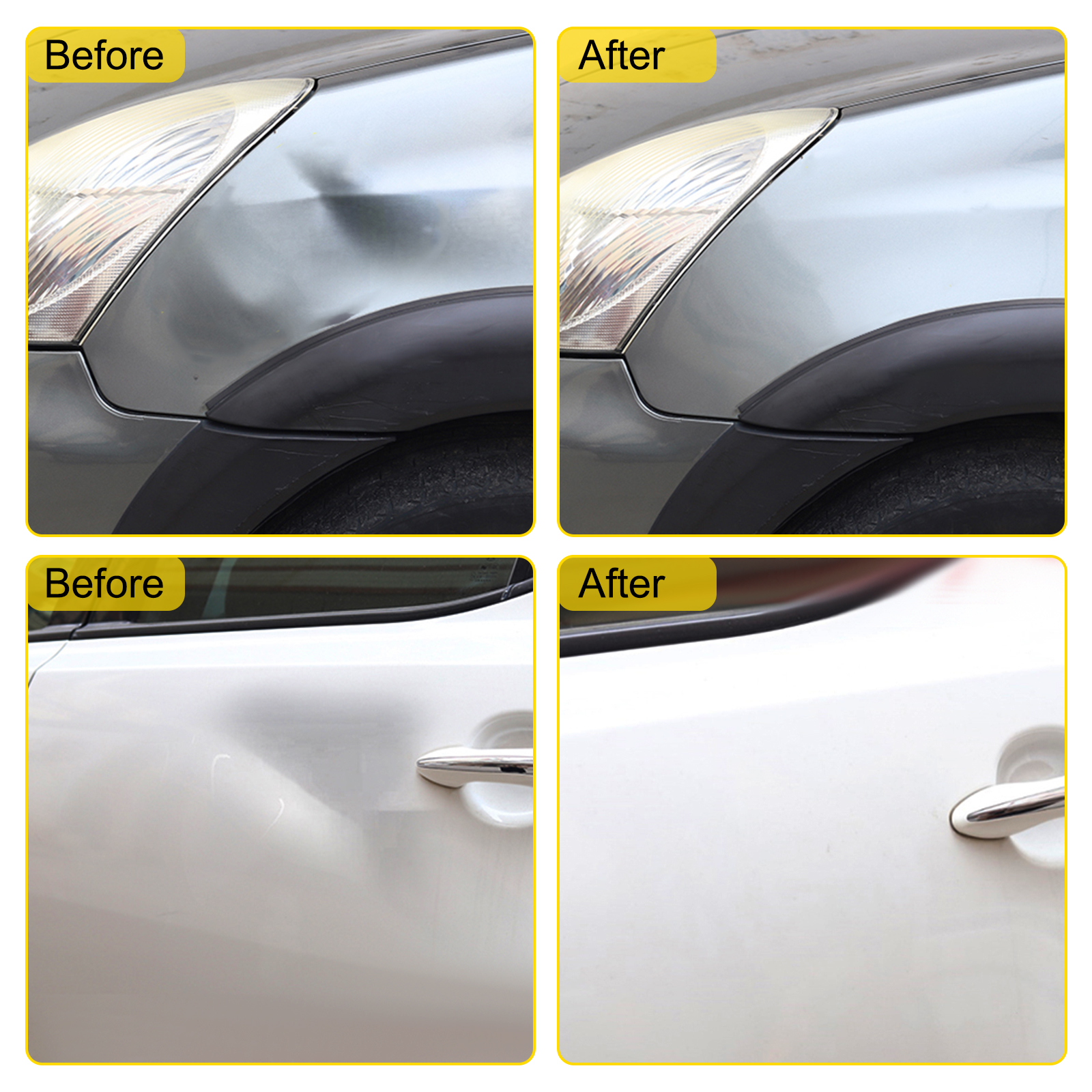 before and after car dent repair comparison using VEVOR dent removal kit.