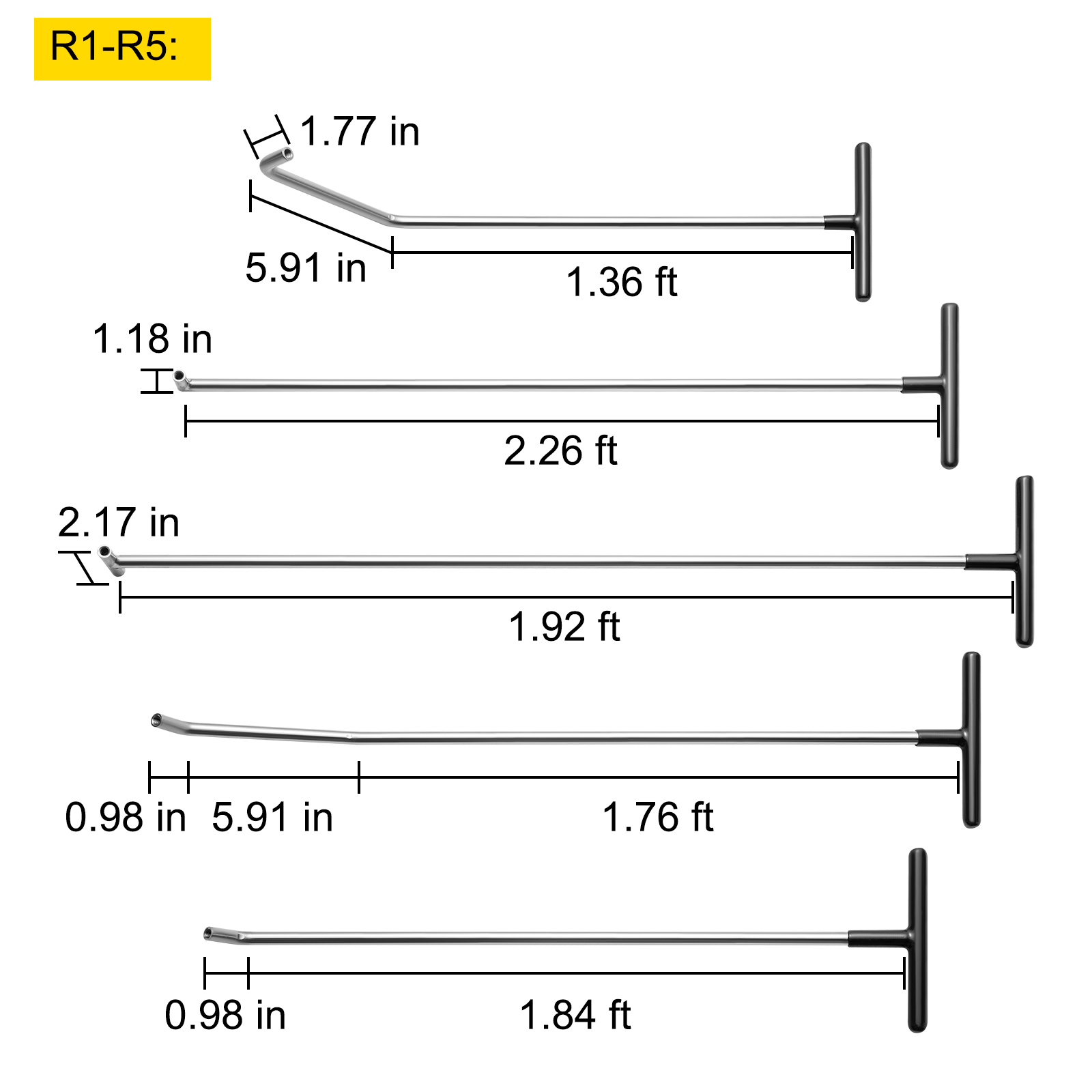 VEVOR dent removal kit with five rods and handle dimensions in inches and feet.