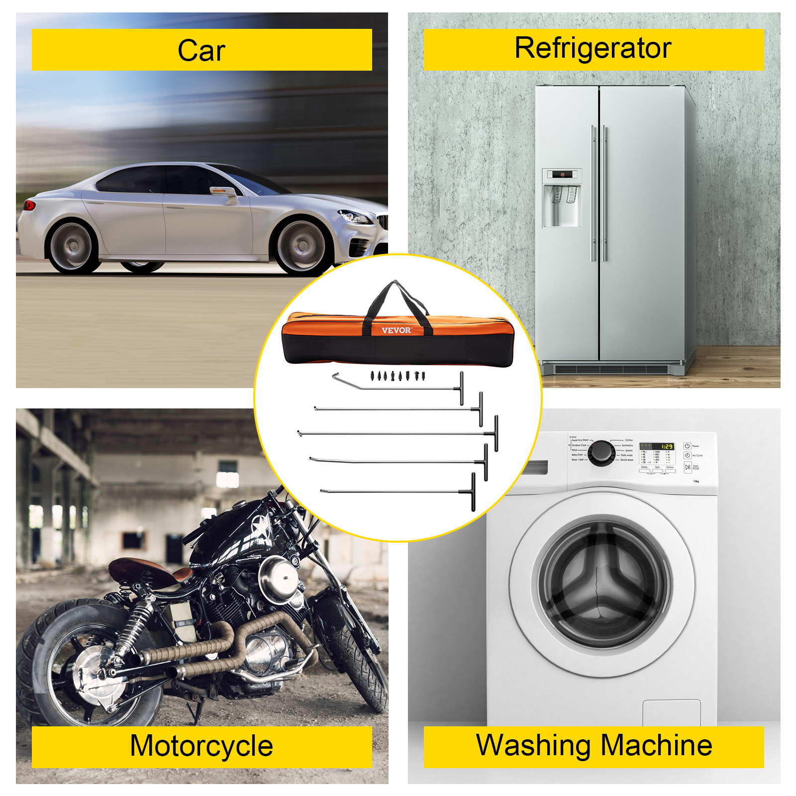 VEVOR dent removal kit for cars, motorcycles, refrigerators, and washing machines.