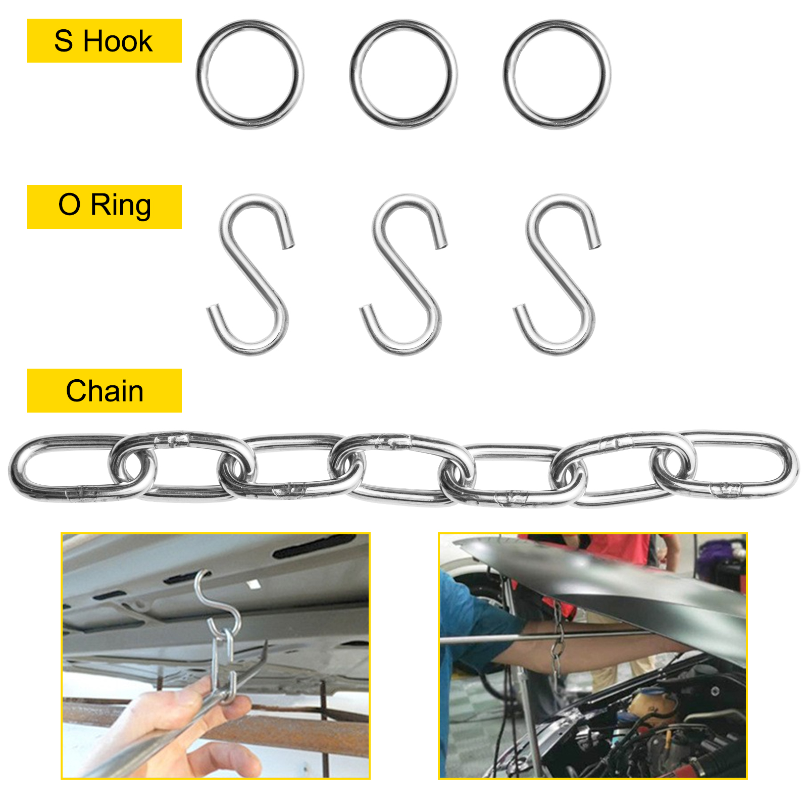VEVOR dent removal kit with s hooks, o rings, chain, and usage scenarios.