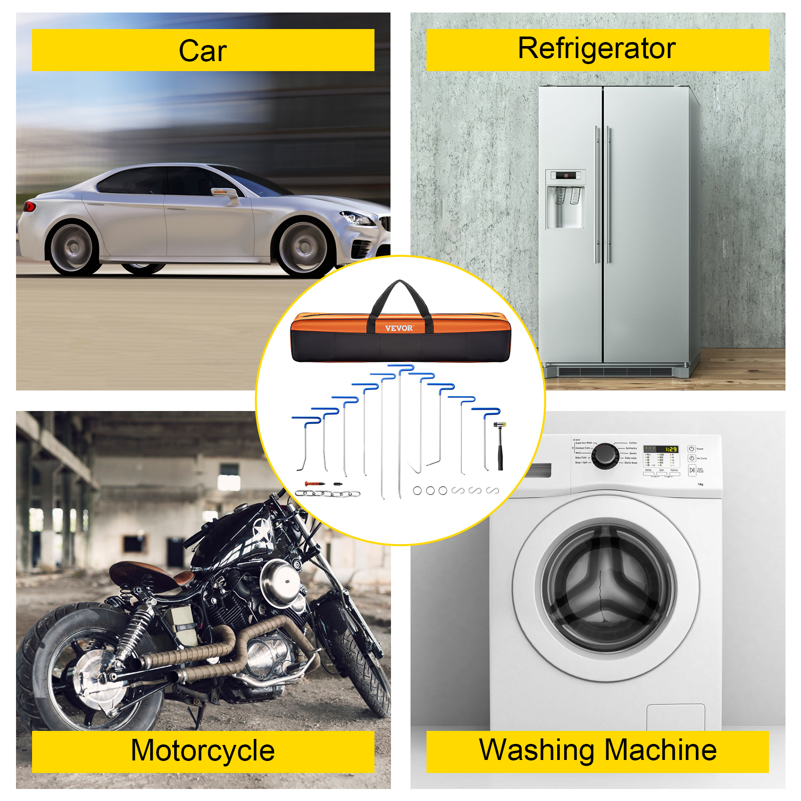 VEVOR dent removal kit for car, motorcycle, refrigerator, and washing machine.