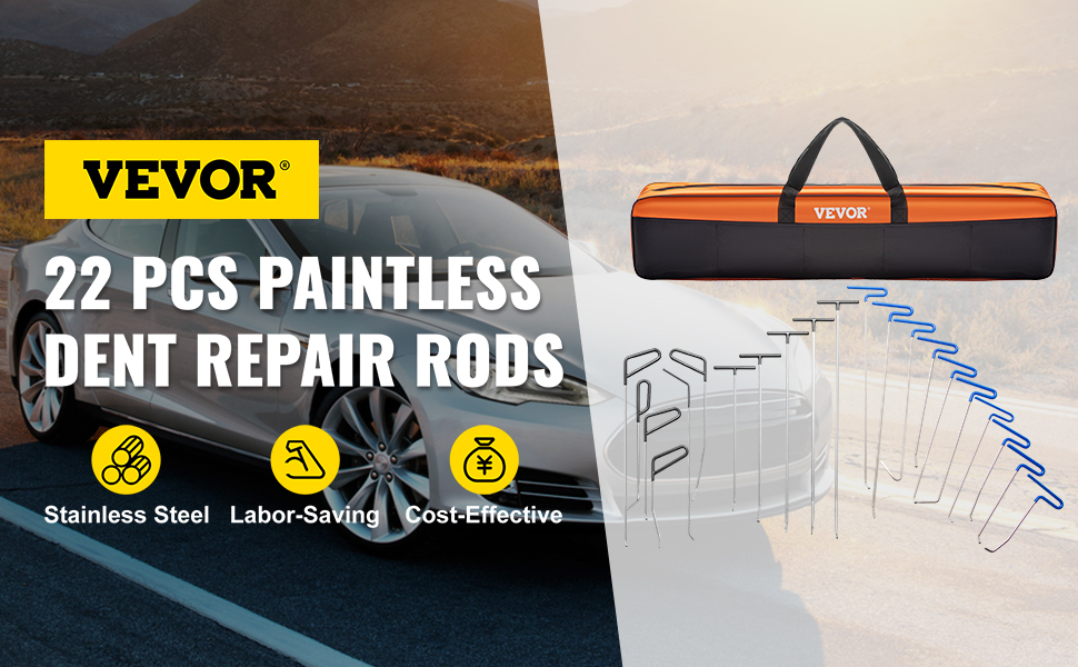 VEVOR dent removal kit with 22 pcs paintless dent repair rods and carrying case.