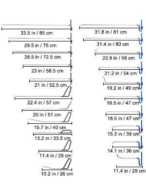 VEVOR dent removal kit size chart showing various tool dimensions in inches and centimeters.