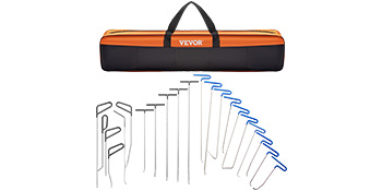 VEVOR dent removal kit with 13 stainless steel rods and an orange carrying case.