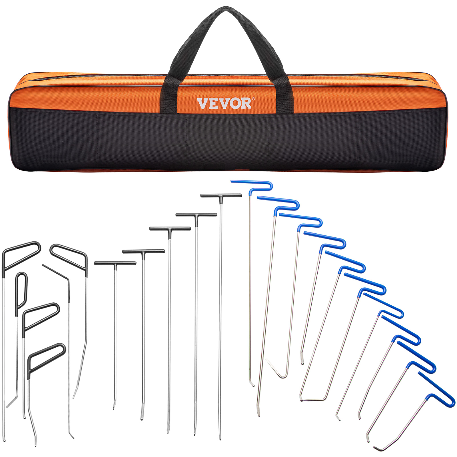 VEVOR dent removal kit with various metal rods and orange carrying case.