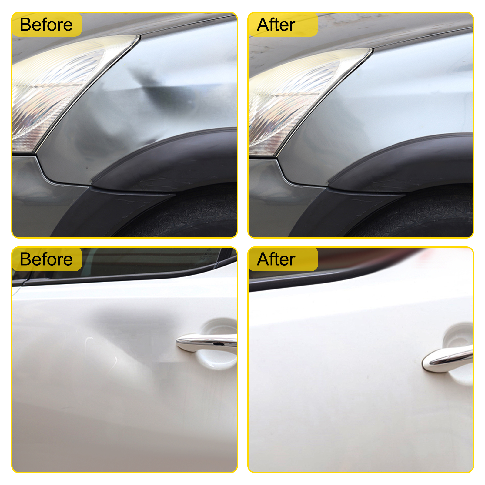 VEVOR dent removal kit before and after car repairs on gray and white vehicles.