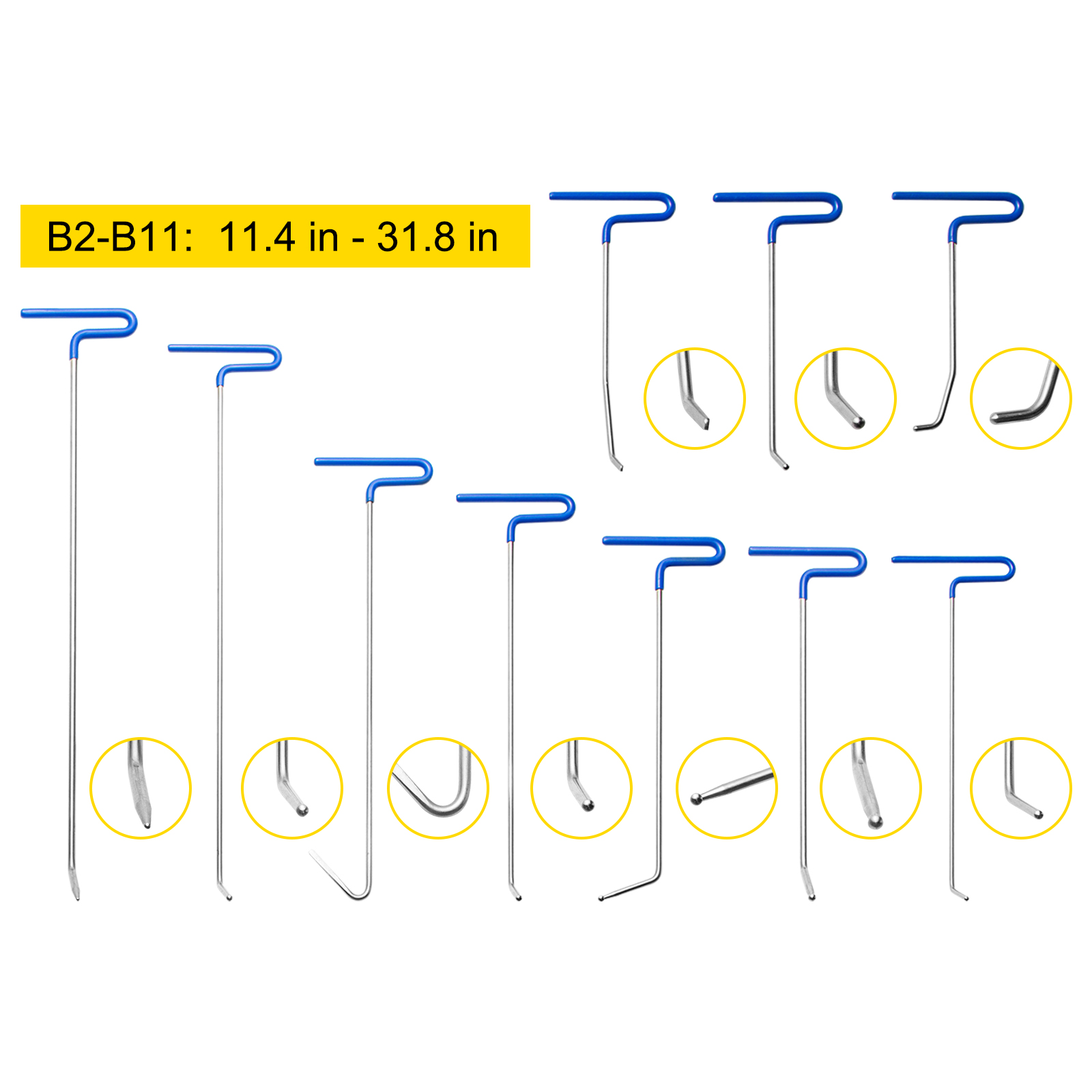 VEVOR dent removal kit with blue handles, various lengths and tool tips shown.