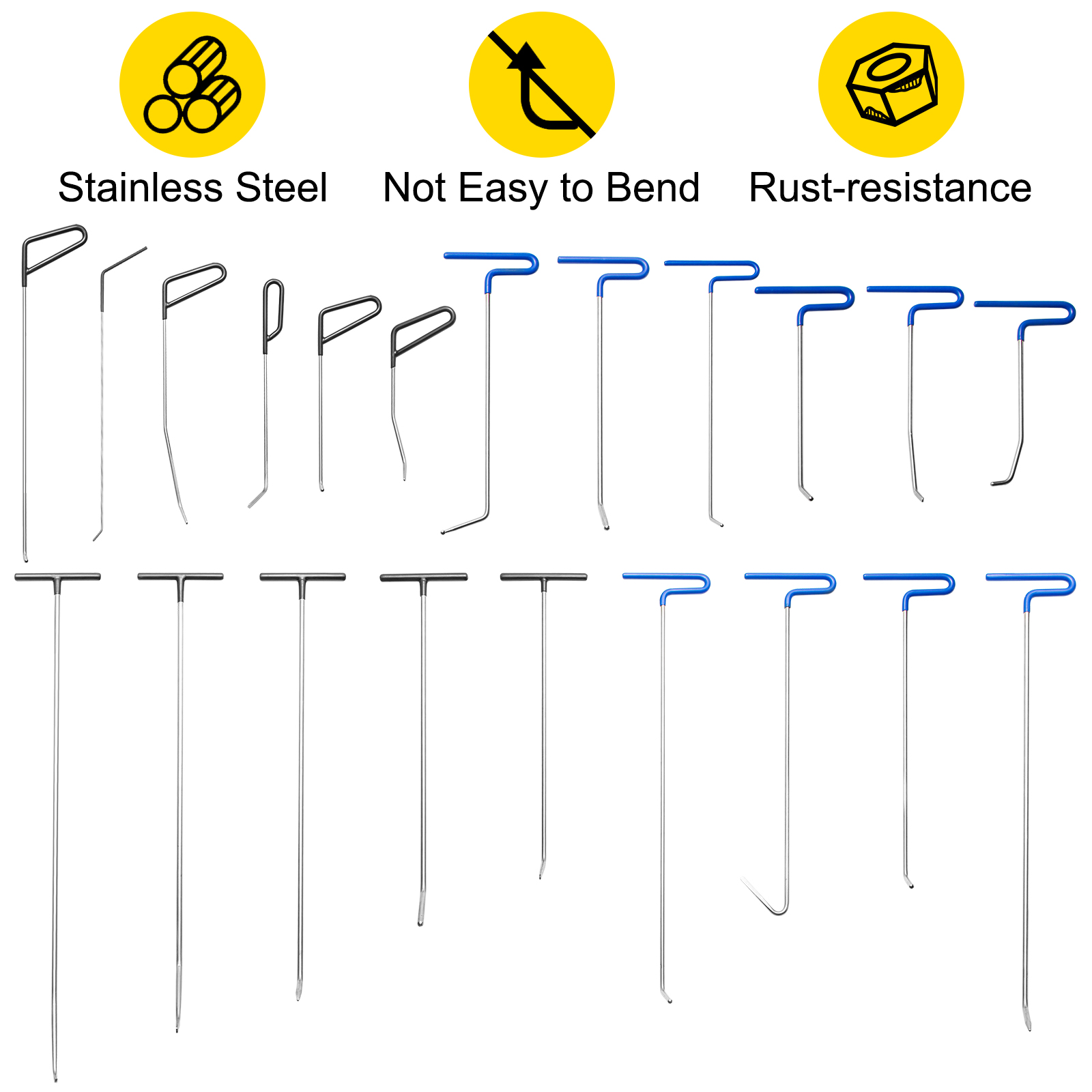 VEVOR dent removal kit: stainless steel, rust-resistant tools with various handles.