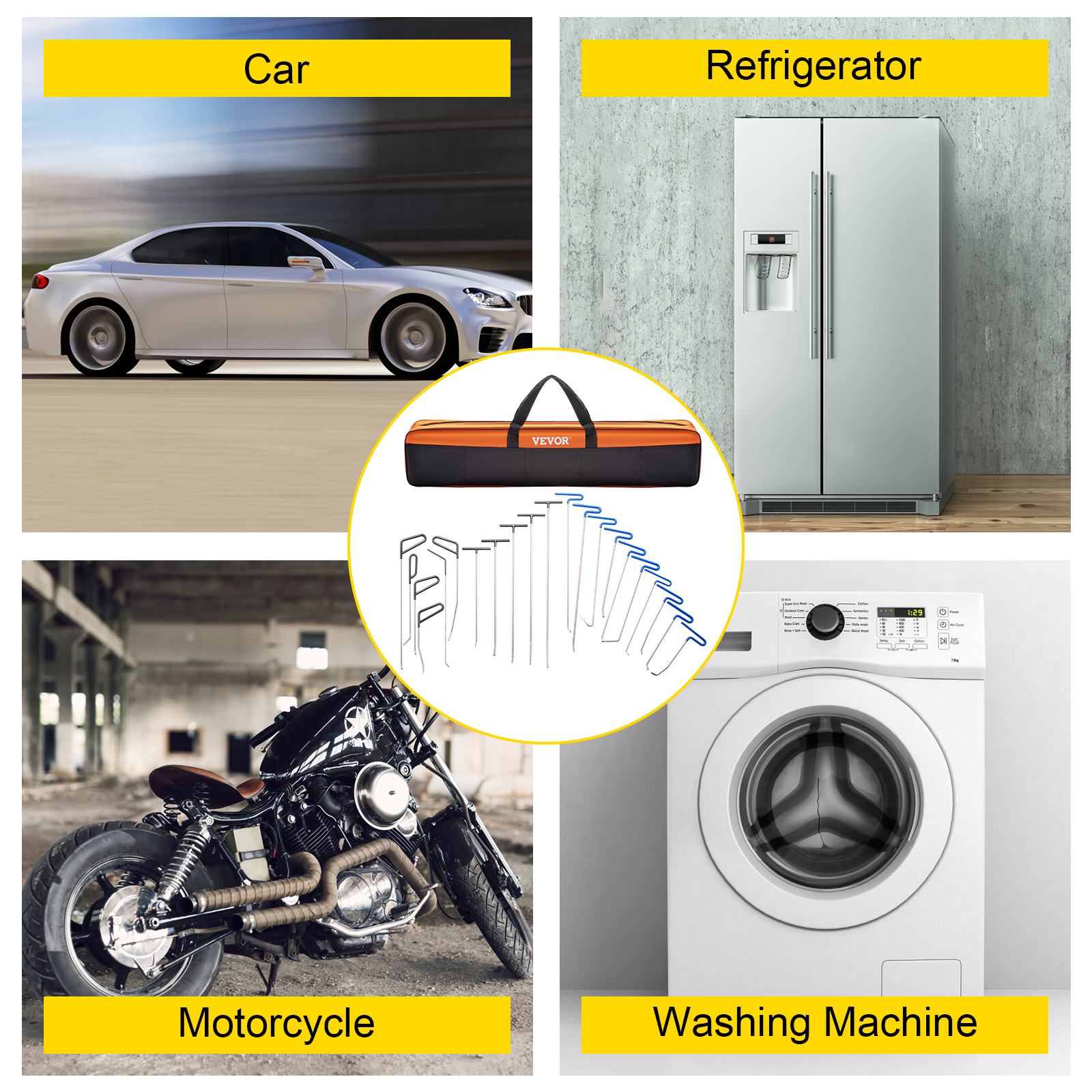 VEVOR dent removal kit displayed with car, refrigerator, motorcycle, washing machine visuals.