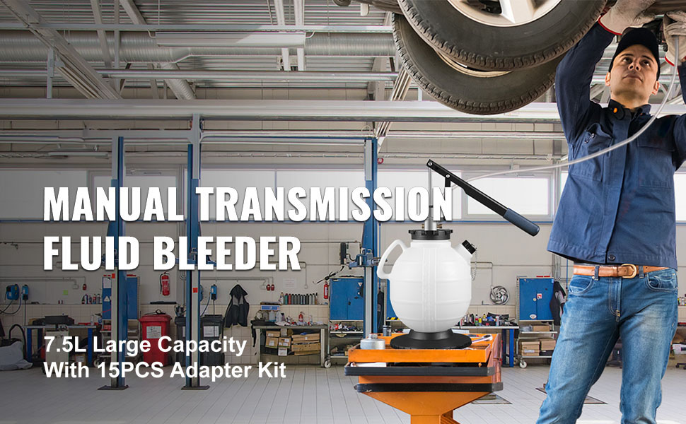 VEVOR transmission fluid pressure bleeder, 7.5l capacity, 15pcs adapter kit in workshop.