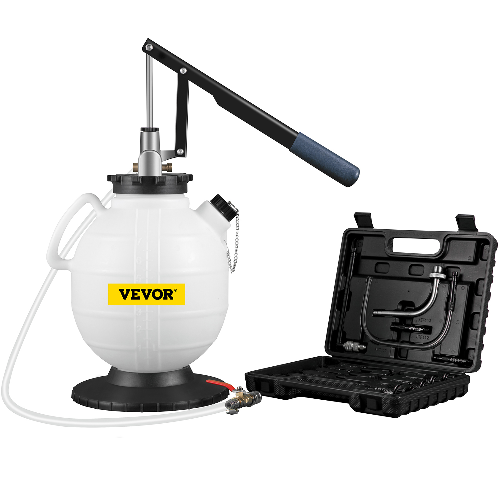 VEVOR transmission fluid pressure bleeder with white tank and black storage case.