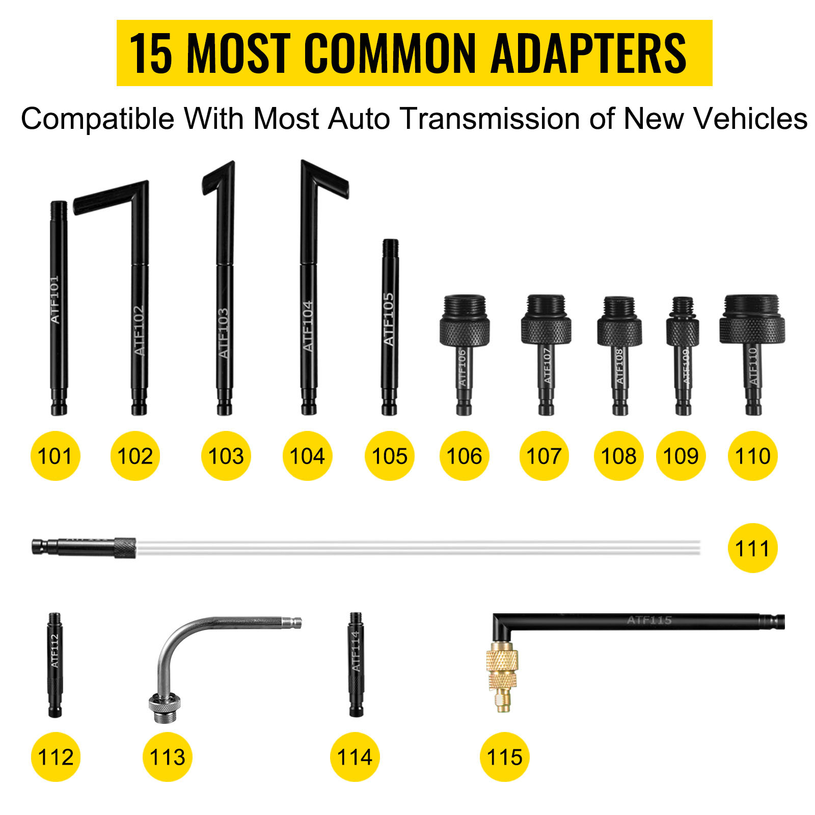 15 common adapters for VEVOR transmission fluid pressure bleeder with part numbers.