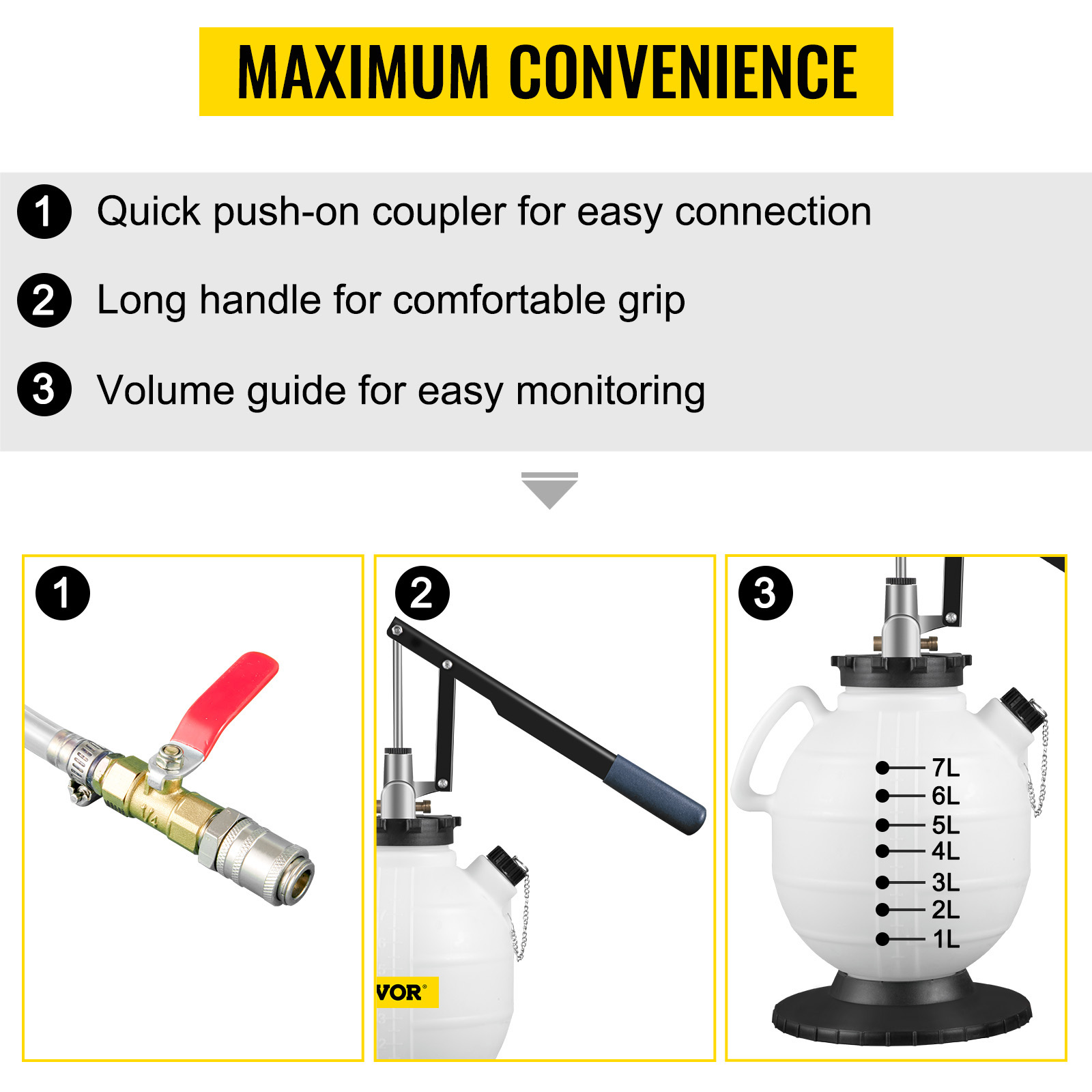 VEVOR transmission fluid pressure bleeder with push-on coupler and volume guide.