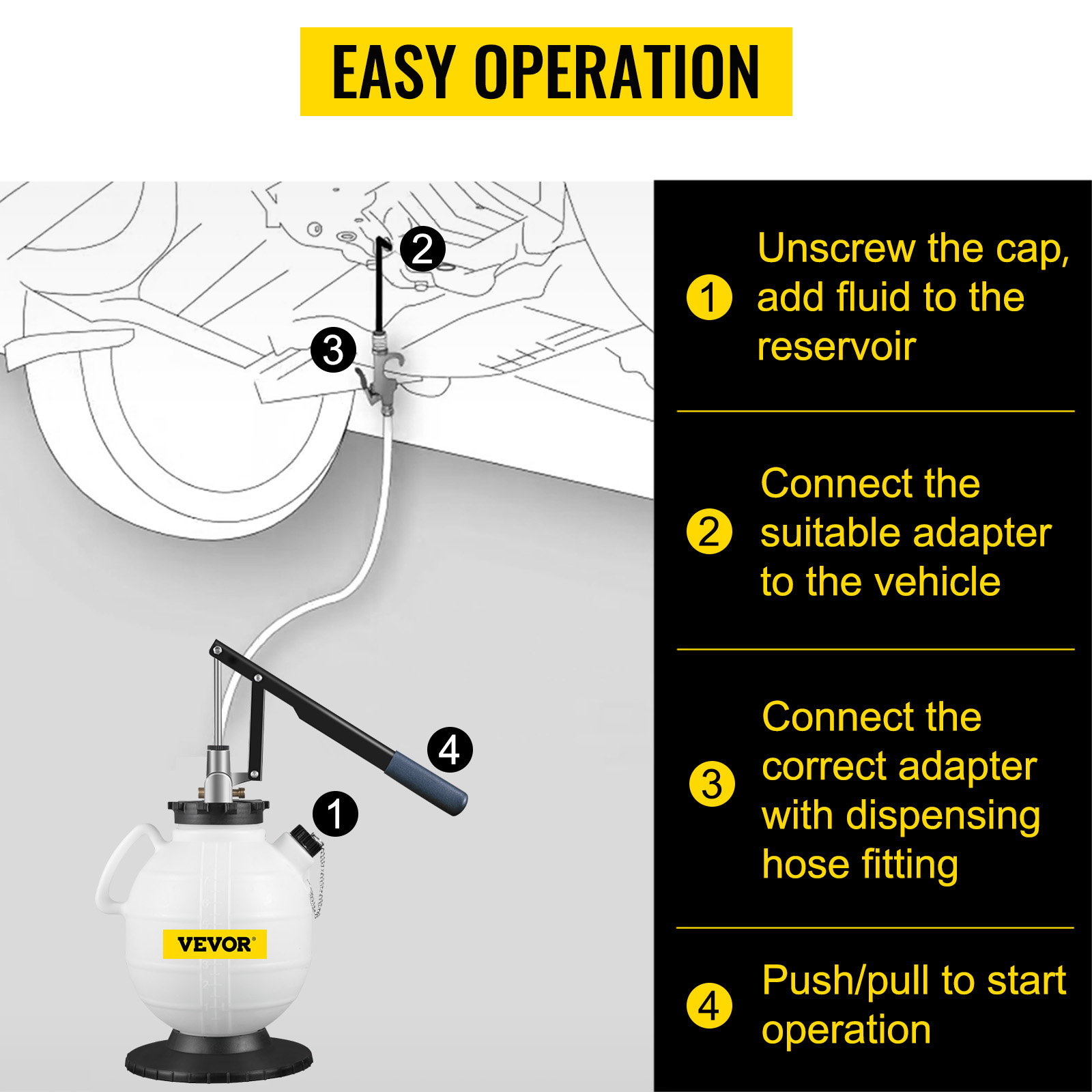 VEVOR transmission fluid pressure bleeder with easy operation instructions.