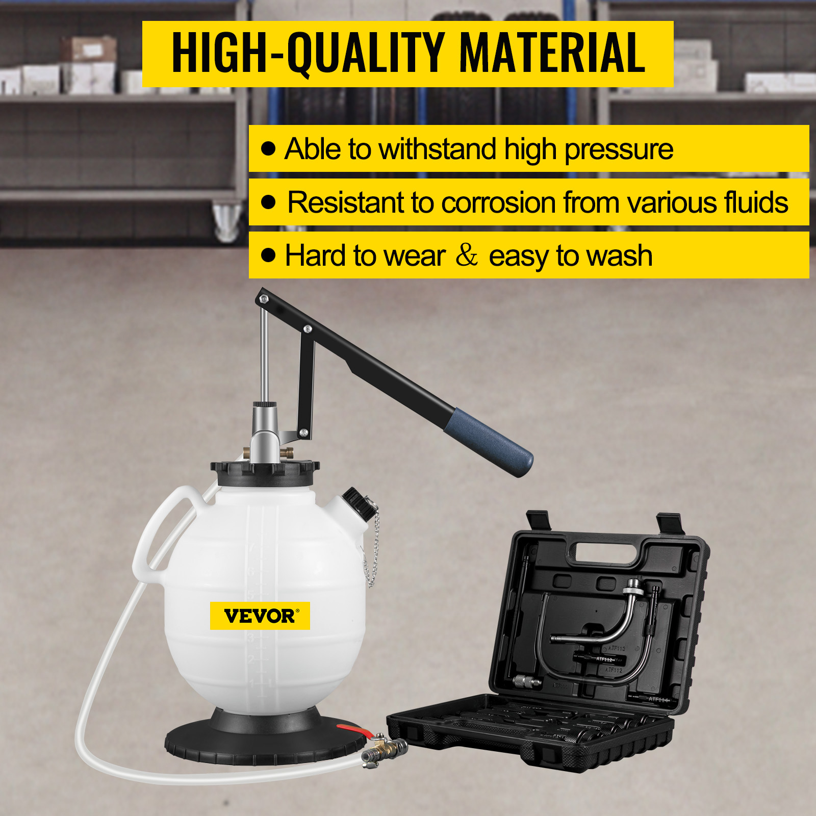 VEVOR transmission fluid pressure bleeder with features and a tool case in a workshop.