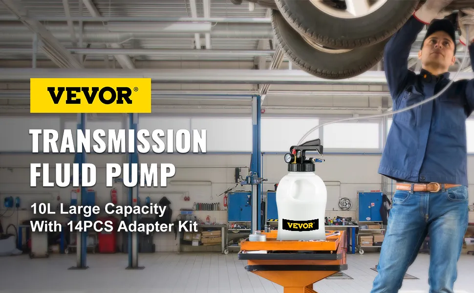 VEVOR transmission fluid pump, 10l capacity, 14pcs adapter kit, in auto repair shop.