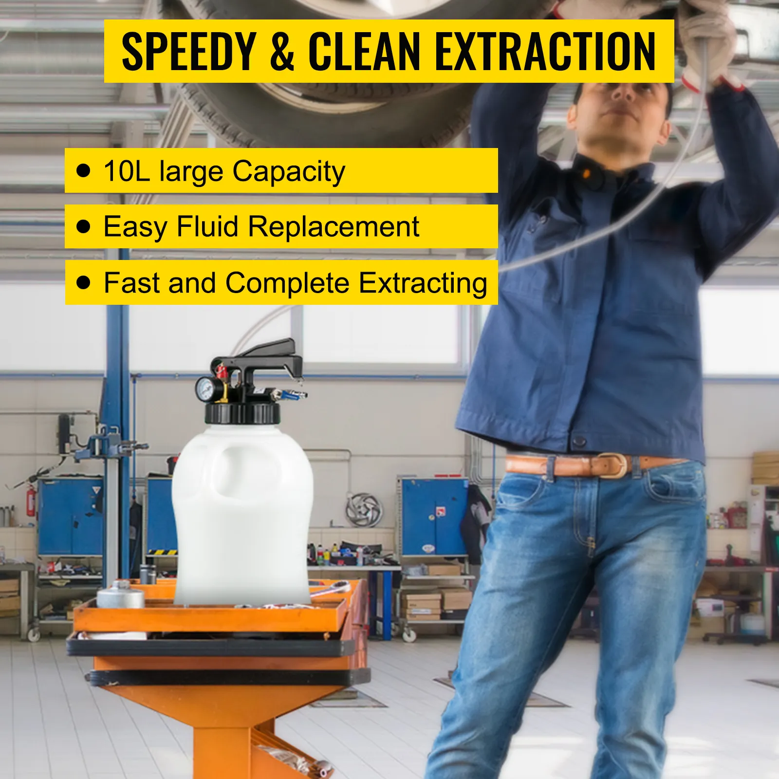 VEVOR transmission fluid pump showcasing 10l capacity and easy fluid replacement in a garage.