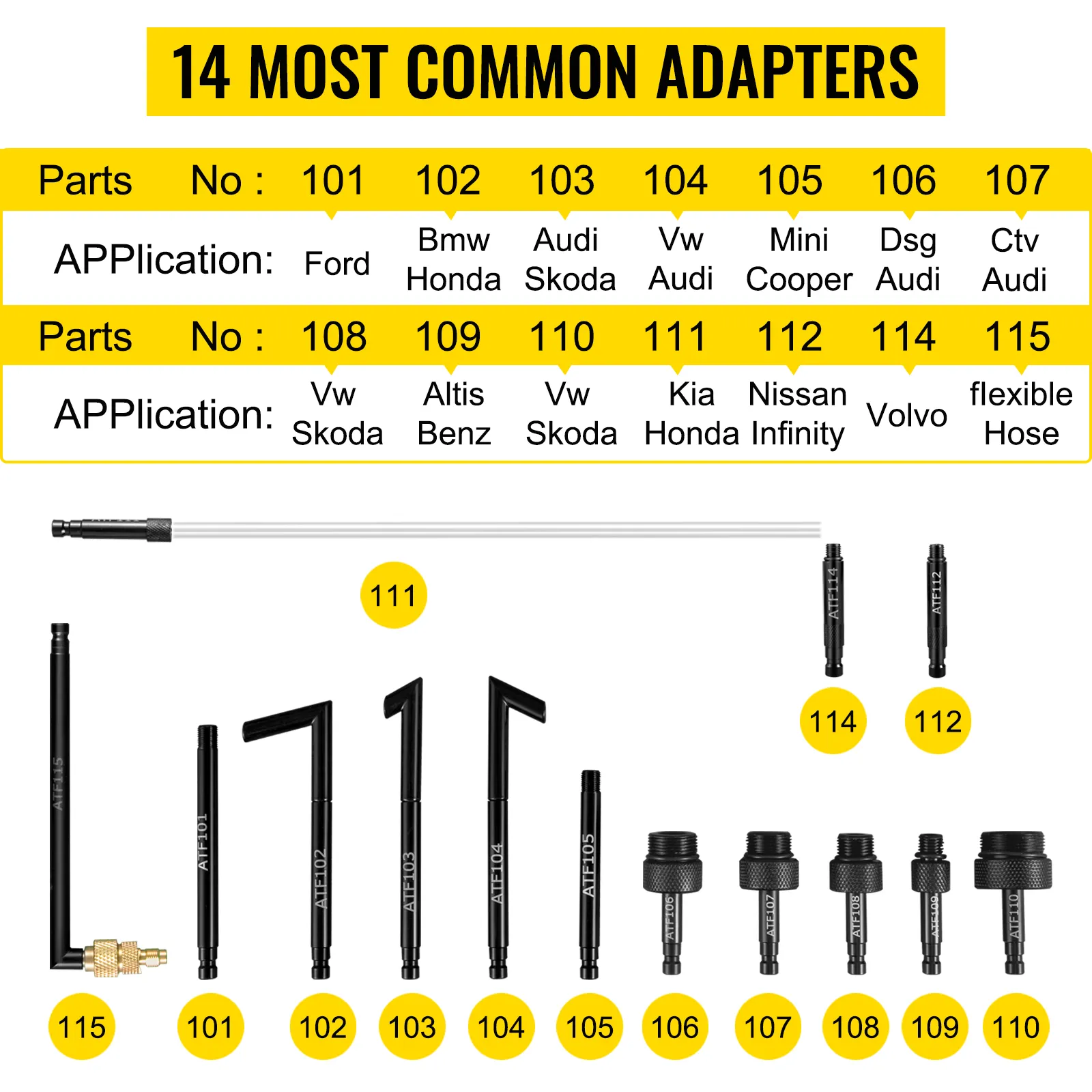 14 adapters for VEVOR transmission fluid pump, compatible with various car brands.