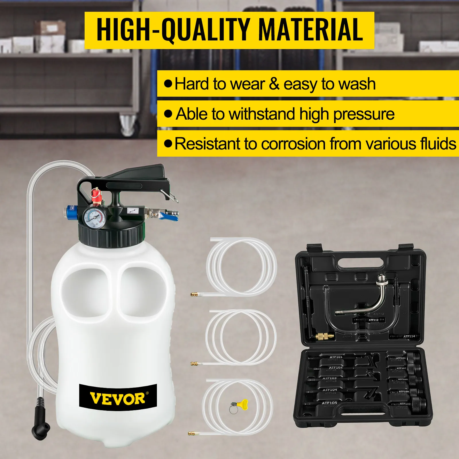 VEVOR transmission fluid pump with hoses and connectors, showcasing high-quality material.