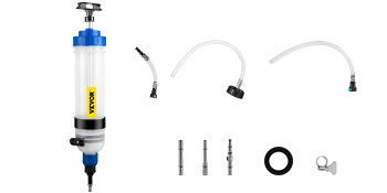 VEVOR transmission fluid pump with hoses, adapters, and ring; close-up hardware layout.