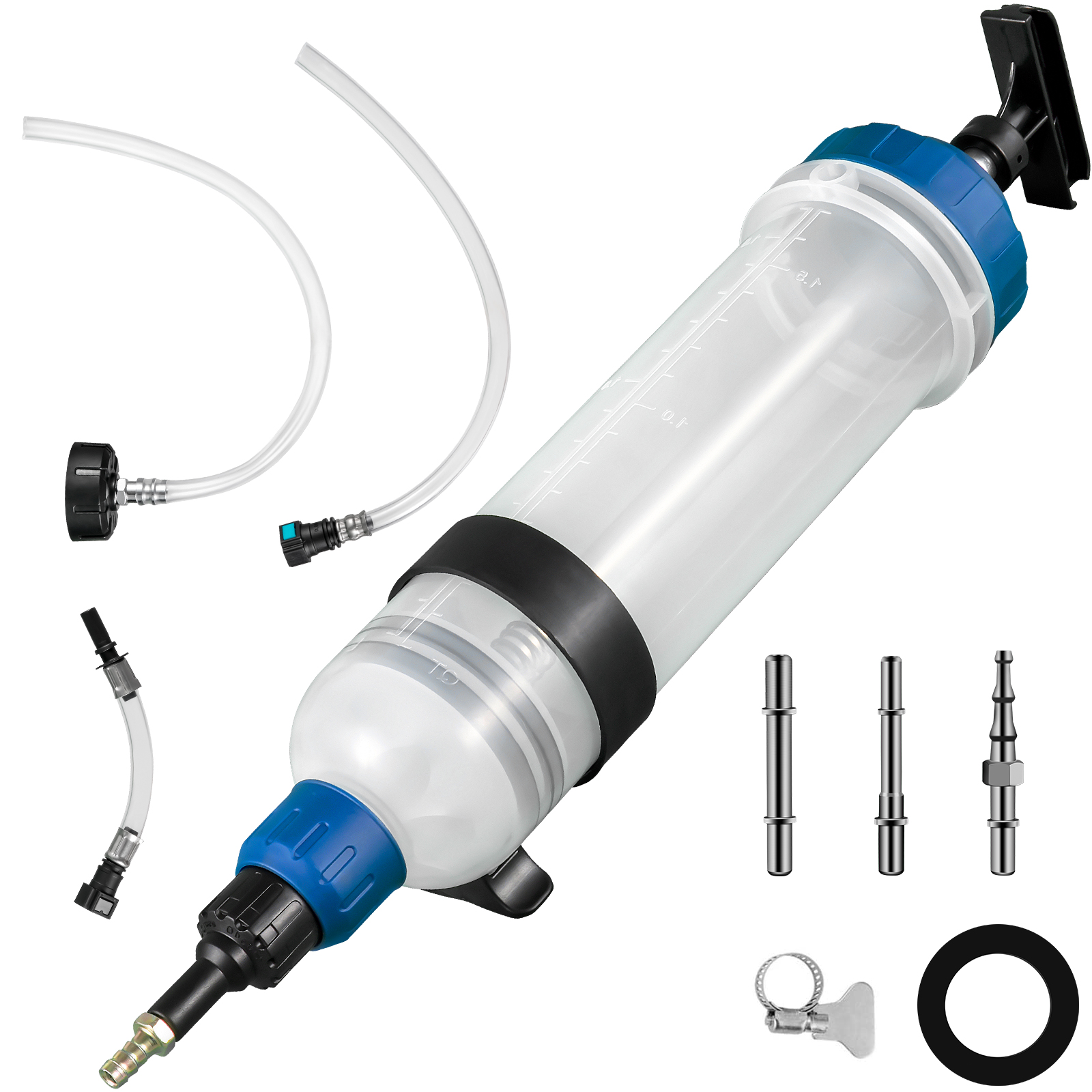 VEVOR transmission fluid pump with accessories and transparent graduated container.
