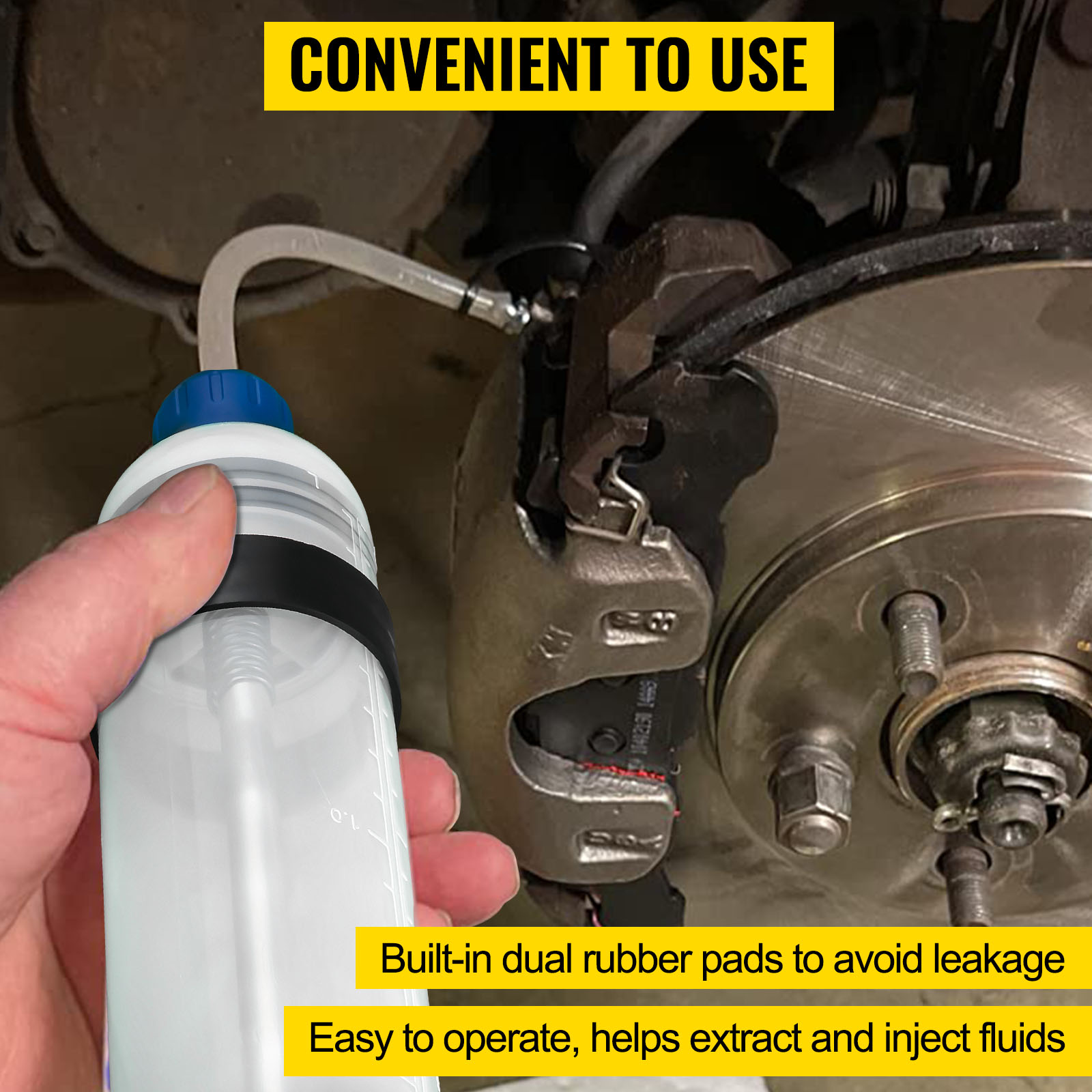 hand using VEVOR transmission fluid pump on vehicle brake system, showcasing easy operation.
