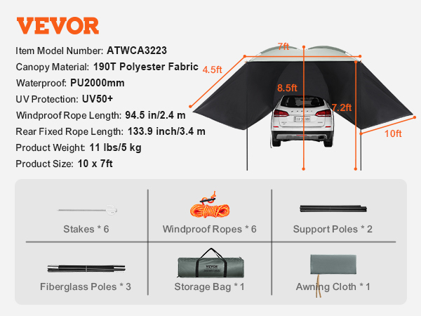 VEVOR vehicle awning setup on a car with dimensions listed. includes stakes, ropes, poles, and storage bag.
