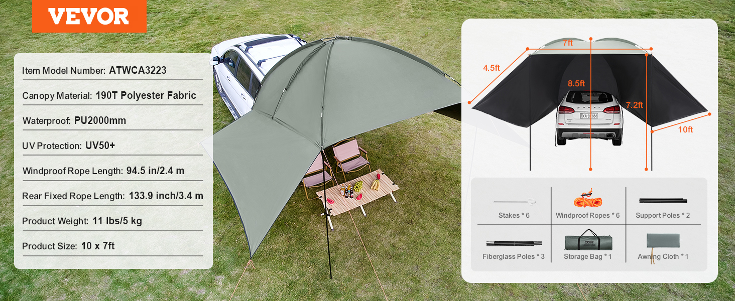 VEVOR vehicle awning setup on a car with dimensions listed. includes stakes, ropes, poles, and storage bag.