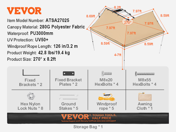 VEVOR vehicle awning setup with a white suv in an outdoor setting, showcasing awning dimensions and features.